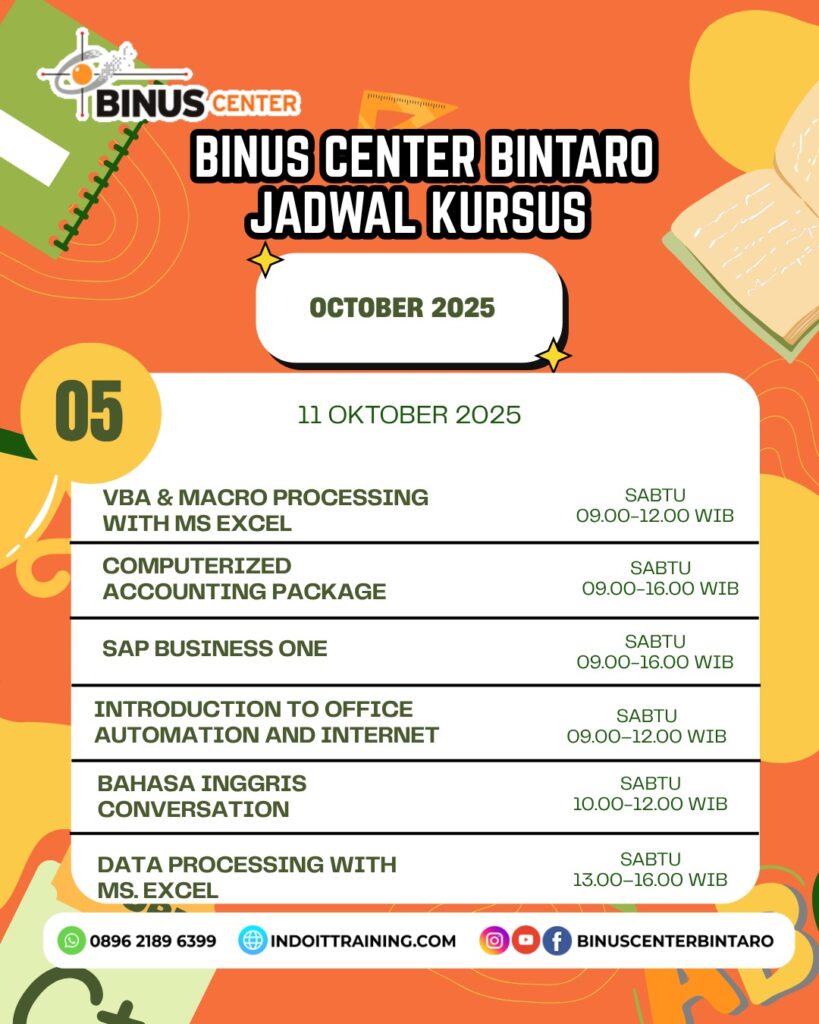 INTRODUCTION TO OFFICE AUTOMATION AND INTERNETDATA PROCESSING WITH MS. EXCELDATABASE DESIGN WITH SQL SERVERVBA & MACRO PROCESSING WITH MS EXCELFUNDAMENTAL PROGRAMMING WITH PYTHONDIGITAL GRAPHIC DESIGN PACKAGECOMPUTERIZED ACCOUNTING PACKAGESAP BUSINESS ONEBAHASA INGGRIS CONVERSATION
